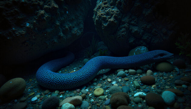 Deep-sea eel gliding through rocky seabed, ocean exploration