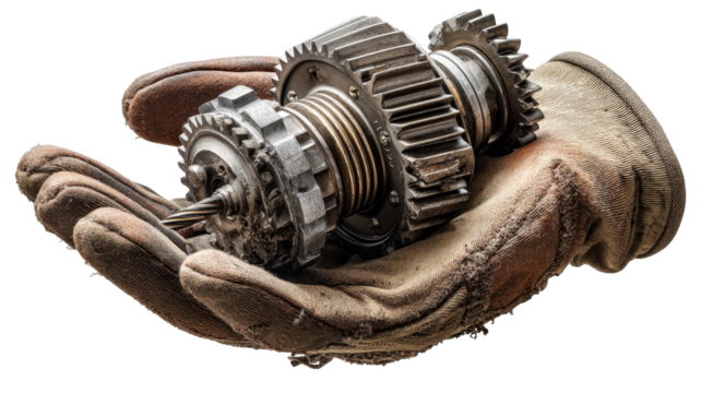 Hand holding mechanical gears on a transparent background