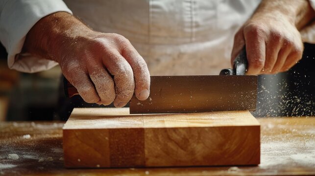 Construction worker cutting wooden planks with a saw. Featuring carpentry and woodwork