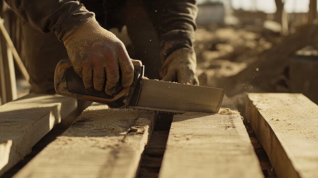 Construction worker cutting wooden planks with a saw. Featuring carpentry and woodwork
