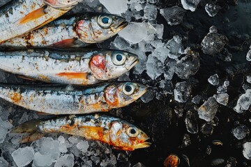 Crushed ice and sardines in rustic market setting

