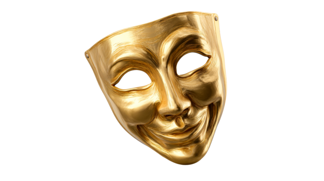 Gold theatrical mask on transparent background showcasing expression