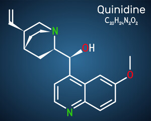 Fototapeta premium Quinidine molecule. An antiarrhythmic drug, cyp2d6 inhibitor. Structural chemical formula, dark blue background