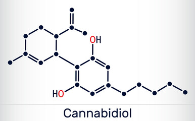 Cannabidiol, CBD molecule. Phytocannabinoid, structural chemical formula, dark blue background. Scientific illustration
