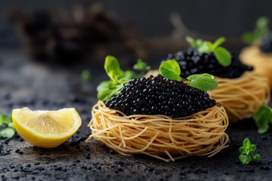 Delicate Black Caviar Served Atop Pasta Nest Garnished With Fresh Lemon and Herbs for an Elegant Dining Experience