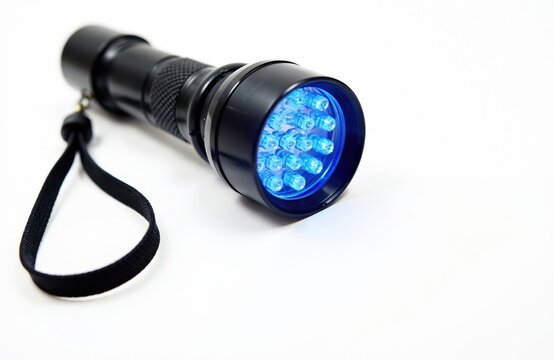 UV flashlight isolated white background. LED lights emit ultraviolet rays. Portable inspection tool for currency, document, stain detection. Black equipment. Detects hidden, invisible elements.