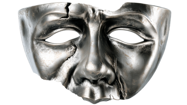 Artistic silver mask with cracks on a transparent background