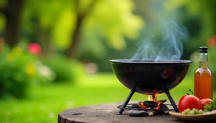 BBQ stove summer background with the blurred green garden and picnic or BBQ in the background created with generative ai.	
