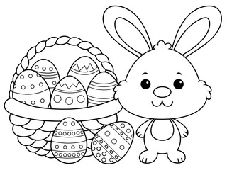 Cute Easter Bunny Coloring Page for Kids – Happy Rabbit with Basket of Decorated Eggs, Holiday Preschool Printable Activity Sheet, Black and White Cartoon Illustration.

