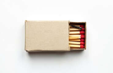 Open matchbox with burned match and new ones. Burned wooden match among new sticks. Concept of success, ideas, problem solution, innovation. Isolated on white background. Top view, copy space.