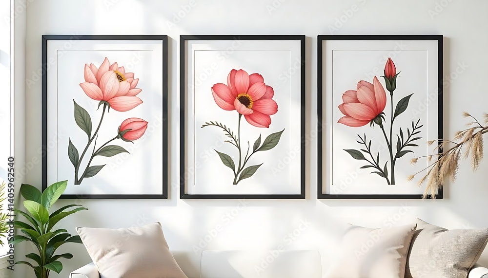 Fototapete set of three framed elegant floral posters in style paper cut. and posters have big black border fra
