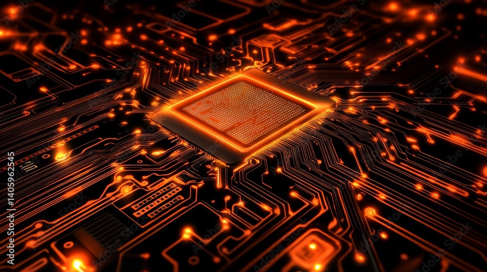 Poster glowing orange cpu chip on a dark circuit board with illuminated pathways and connections visible al