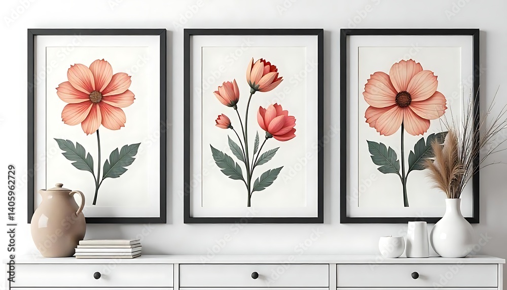 Fototapete set of three framed elegant floral posters in style paper cut. and posters have big black border fra