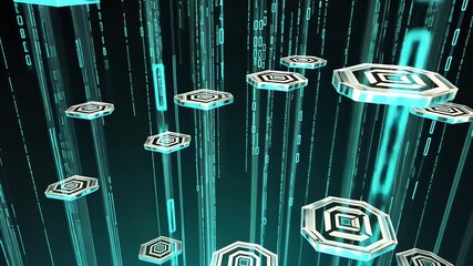 Abstract digital hexagons with binary code. - Powered by Adobe