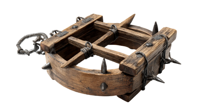 Historical wooden animal trap with metal spikes designed for hunting
