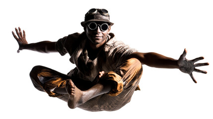Dynamic performer with stylish glasses and unique attire in mid air