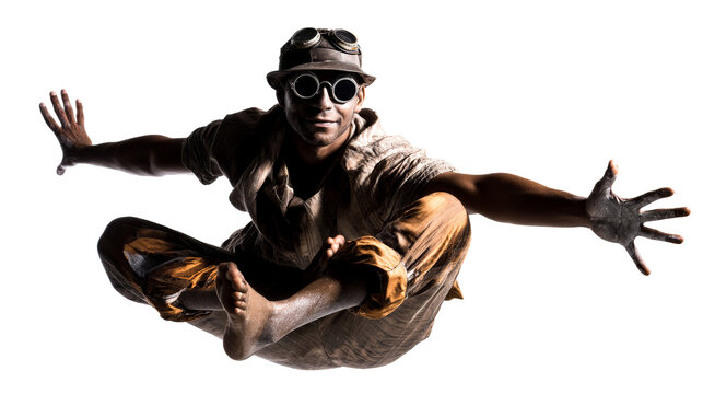 Dynamic performer with stylish glasses and unique attire in mid air