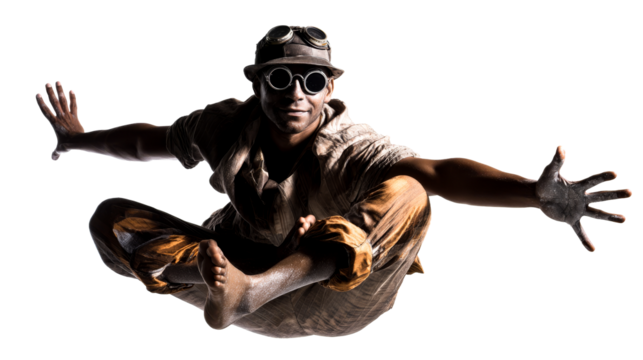 Dynamic performer with stylish glasses and unique attire in mid air