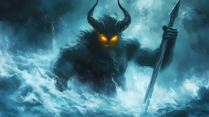 A powerful, horned sea deity or demon with glowing yellow eyes emerges from misty waters, gripping a spear, exuding wrath, mystery, and elemental force. Titans Folklore. Illustration