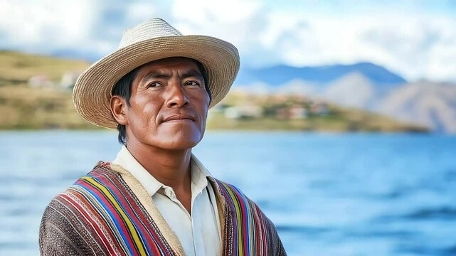 Indigenous peruvian man wearing traditional clothing posing by a lake in the andes mountains