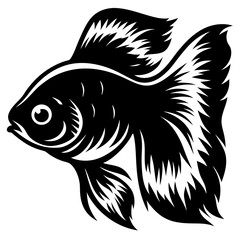 Black and White Stylized Illustration of a Goldfish with Flowing Fins and Detailed Scales