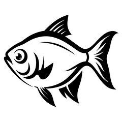 A stylized black and white illustration of a fish a detailed aquatic creature with fins and scales