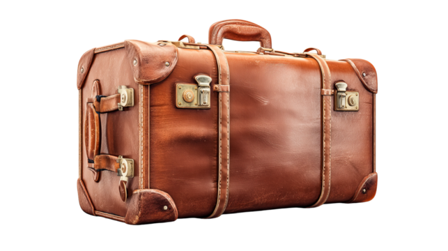 Classic leather suitcase with vintage design on transparent background