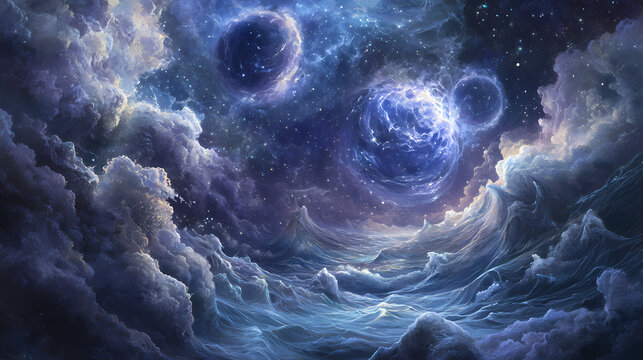 A seemingly insignificant droplet of water floating in the grandness of the cosmic ocean yet containing the power to create ripples that echo throughout the cosmos. Oracles Echo. Illustration