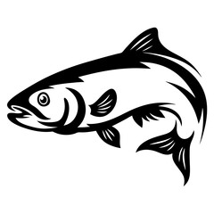 A stylized black and white illustration of a leaping salmon fish