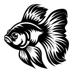 Stylized Black and White Illustration of a Betta Fish with Flowing Fins and Intricate Details