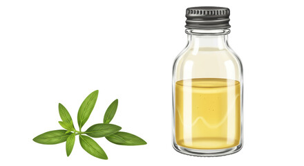 Isolated Bottle of Oil and Basil Leaves