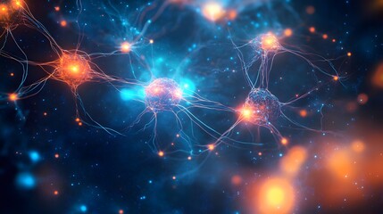 Fototapeta premium Neural Network Connection: An abstract close-up of a neural network, depicting vibrant glowing nodes interconnected by intricate pathways, symbolizing complex communication and information processing.
