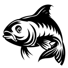 A stylized black and white illustration of a leaping fish with tribalinspired design elements