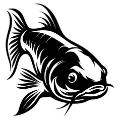 A fierce black and white illustration of a catfish a stylized aquatic predator with sharp fins and intense eyes