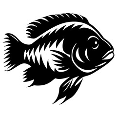 A stylized black and white illustration of a cichlid fish with sharp fins and detailed scales