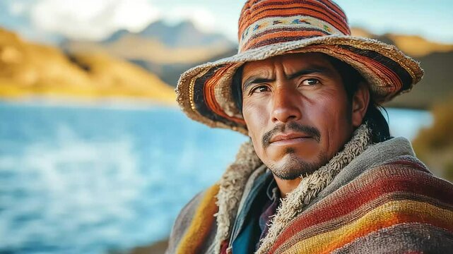 Portrait of a confident indigenous peruvian man wearing traditional clothing, standing by a serene lake in the mountains