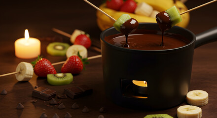 Romantic candlelight chocolate fondue with fresh fruits dessert skewers