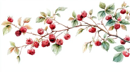 Delicate Red Berries and Leaves Watercolor Painting