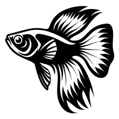 A Stunning Black and White Illustration of a Betta Fish with Flowing Fins