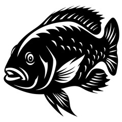 A Striking Black and White Illustration of a Cichlid Fish a Detailed Stylized Artistic Rendering of Aquatic Life