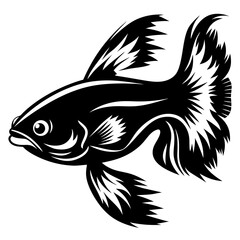 Stylized Black and White Illustration of a Betta Fish with Long Flowing Fins and Tail