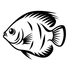 A stylized black and white illustration of an angelfish swimming to the left