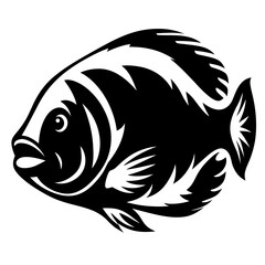 A stylized black and white illustration of a fish a cichlid possibly a tilapia or similar species with bold lines and a tribal or graphic design aesthetic