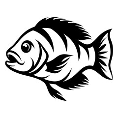 Stylized Black and White Illustration of a Cichlid Fish Aquatic Animal