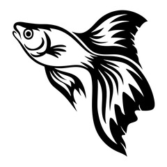 Stylized Black and White Betta Fish Illustration Artistic Aquatic Animal Design
