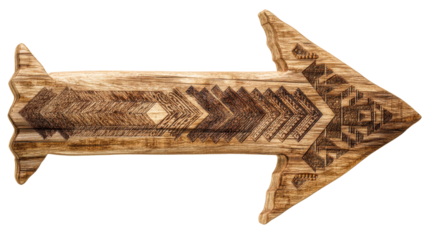 Wooden arrow with intricate carvings on a transparent background