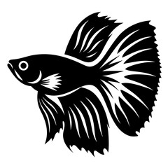 A Striking Black and White Illustration of a Betta Fish with Flowing Fins