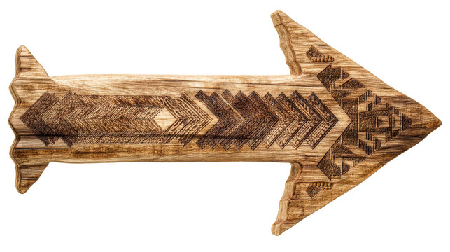 Wooden arrow with intricate carvings on a transparent background