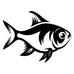 A stylized black and white illustration of a fish swimming dynamically