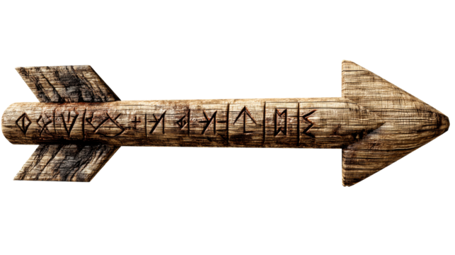 Wooden arrow sign with runic carvings and transparent background